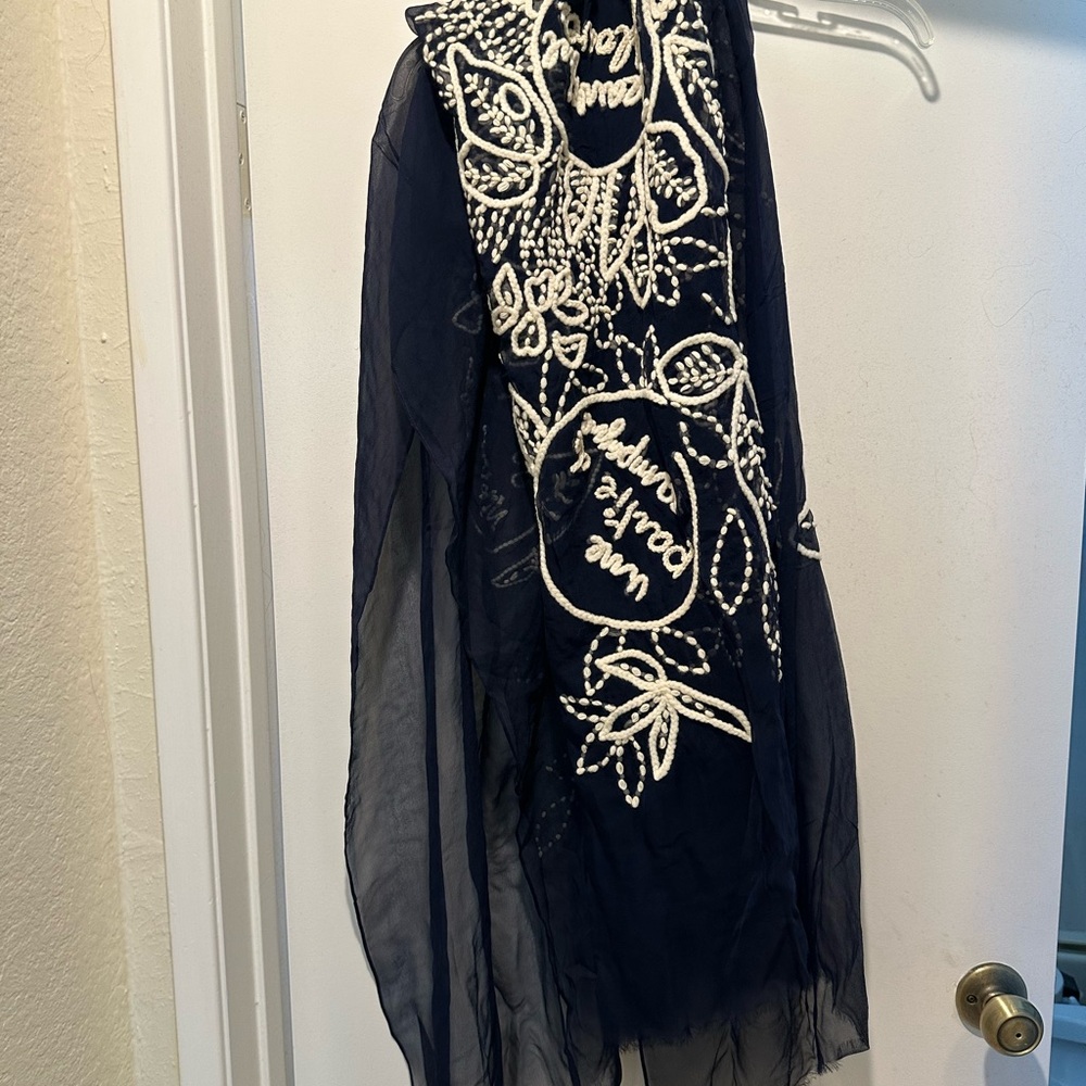 Mii Dark Blue Silk Scarf with Cream Embroidery